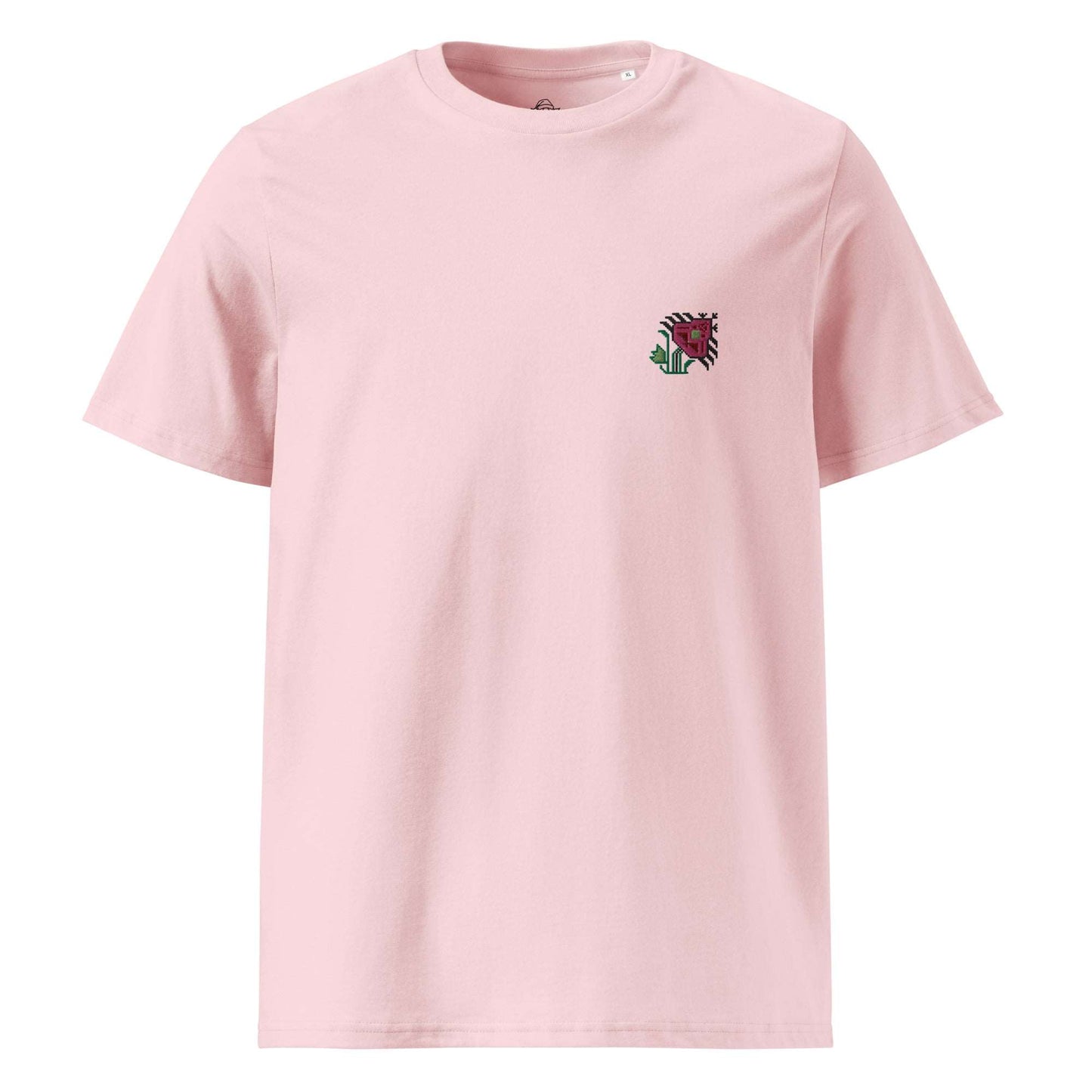 A light pink t-shirt made of 100% organic cotton with an intricate pink flower embroidered on the top left.