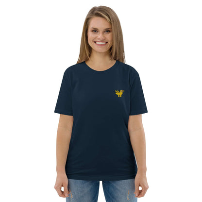 A woman wearing a dark navy t-shirt made of 100% organic cotton with a yellow duck embroidered on the top left.