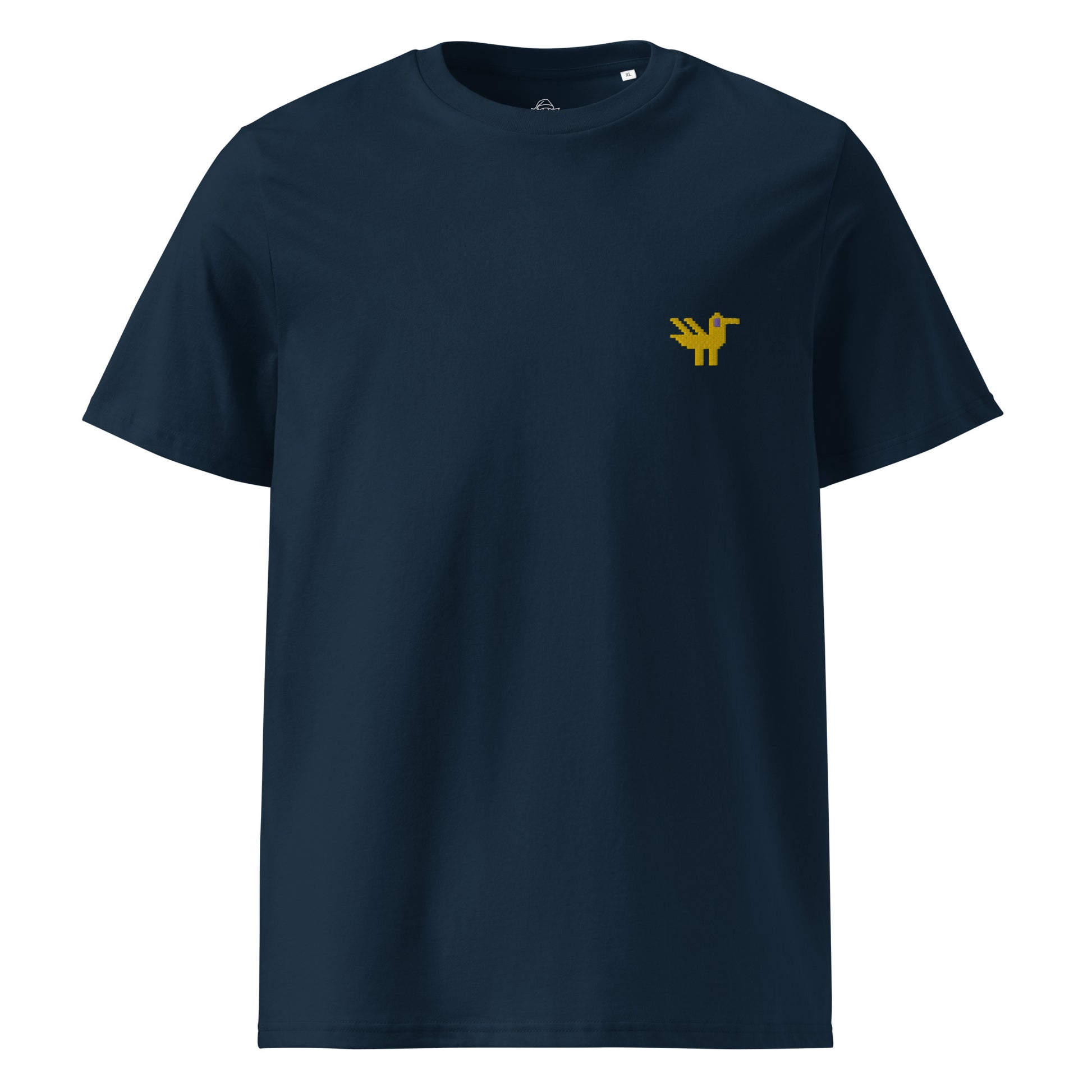 A dark navy t-shirt made of 100% organic cotton with a yellow duck embroidered on the top left.