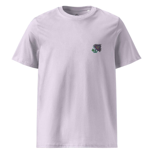 A purple t-shirt made of 100% organic cotton with an intricate purple flower embroidered on the top left.