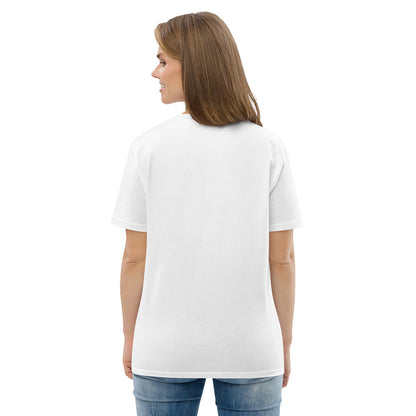 The back of a woman wearing a white t-shirt made of 100% organic cotton.