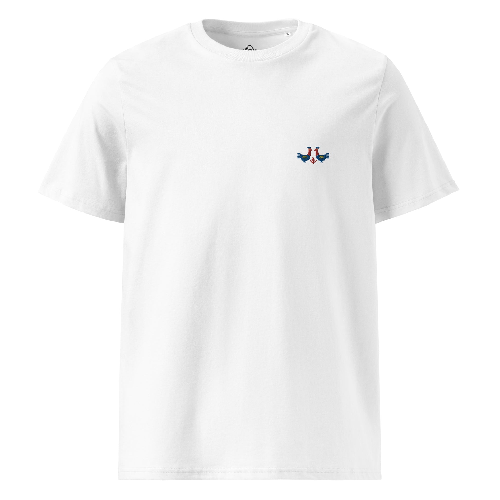 A white t-shirt made of 100% organic cotton with a pair of red and blue roosters embroidered on the top left.