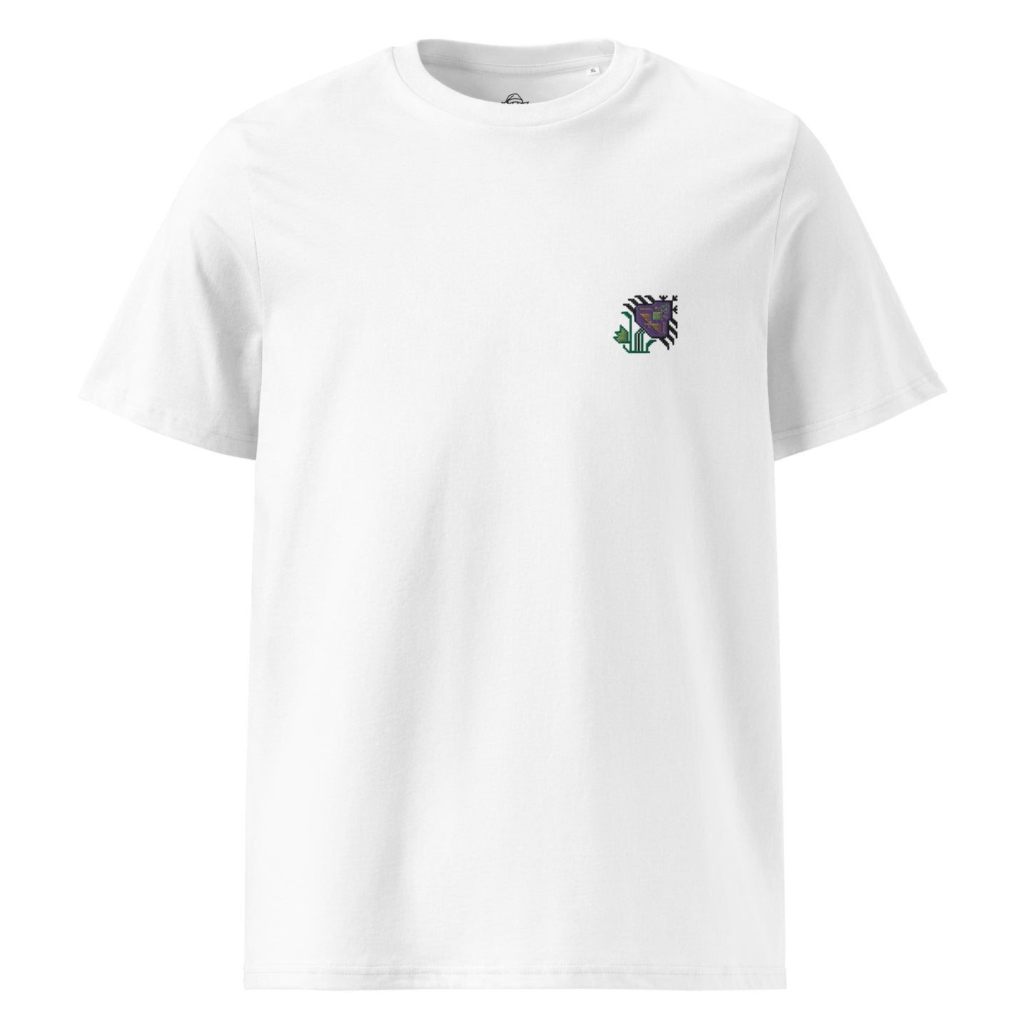 A white t-shirt made of 100% organic cotton with an intricate purple flower embroidered on the top left.