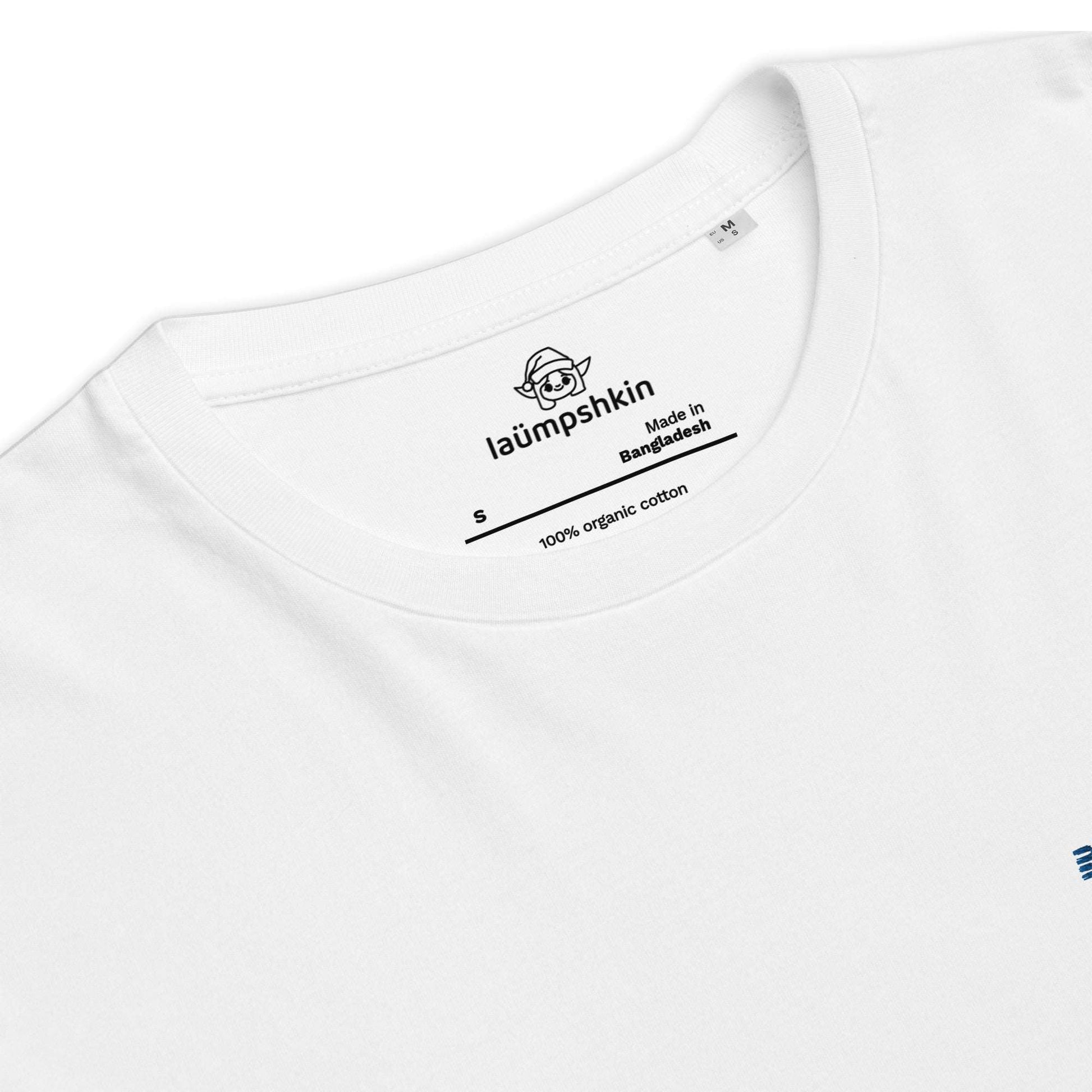 A white t-shirt made of 100% organic cotton with a pair of red and blue roosters embroidered on the top left. The photo shows the inside label of the shirt with the Laumpshkin logo.