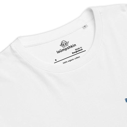 A white t-shirt made of 100% organic cotton with a pair of red and blue roosters embroidered on the top left. The photo shows the inside label of the shirt with the Laumpshkin logo.