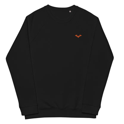 A black spooky Halloween 100% organic cotton sweatshirt with a small orange bat embroidered on the top left.