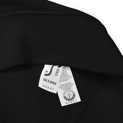 Detail of the tags on a black sweatshirt showing the company and product name, SOL'S Space, and that it is made with 80% organic cotton certified by Control Union CU815208.