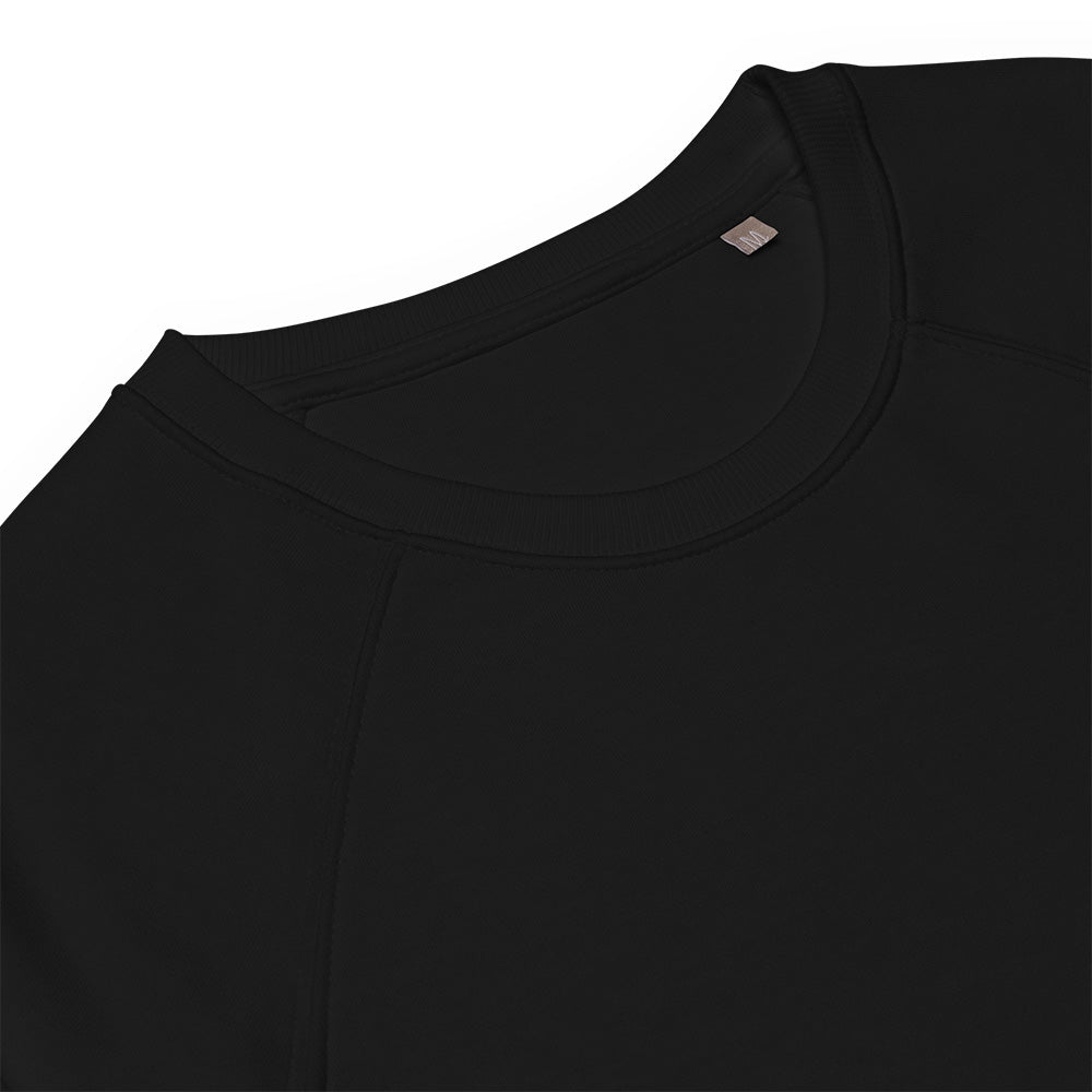 The neckline of a black sweatshirt.