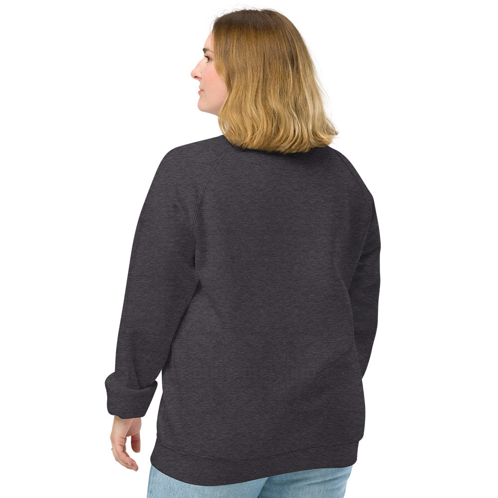 The back of a woman wearing a spooky Halloween charcoal grey sweatshirt.