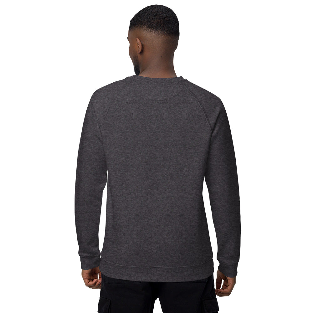 The back of a man wearing a charcoal grey sweatshirt.