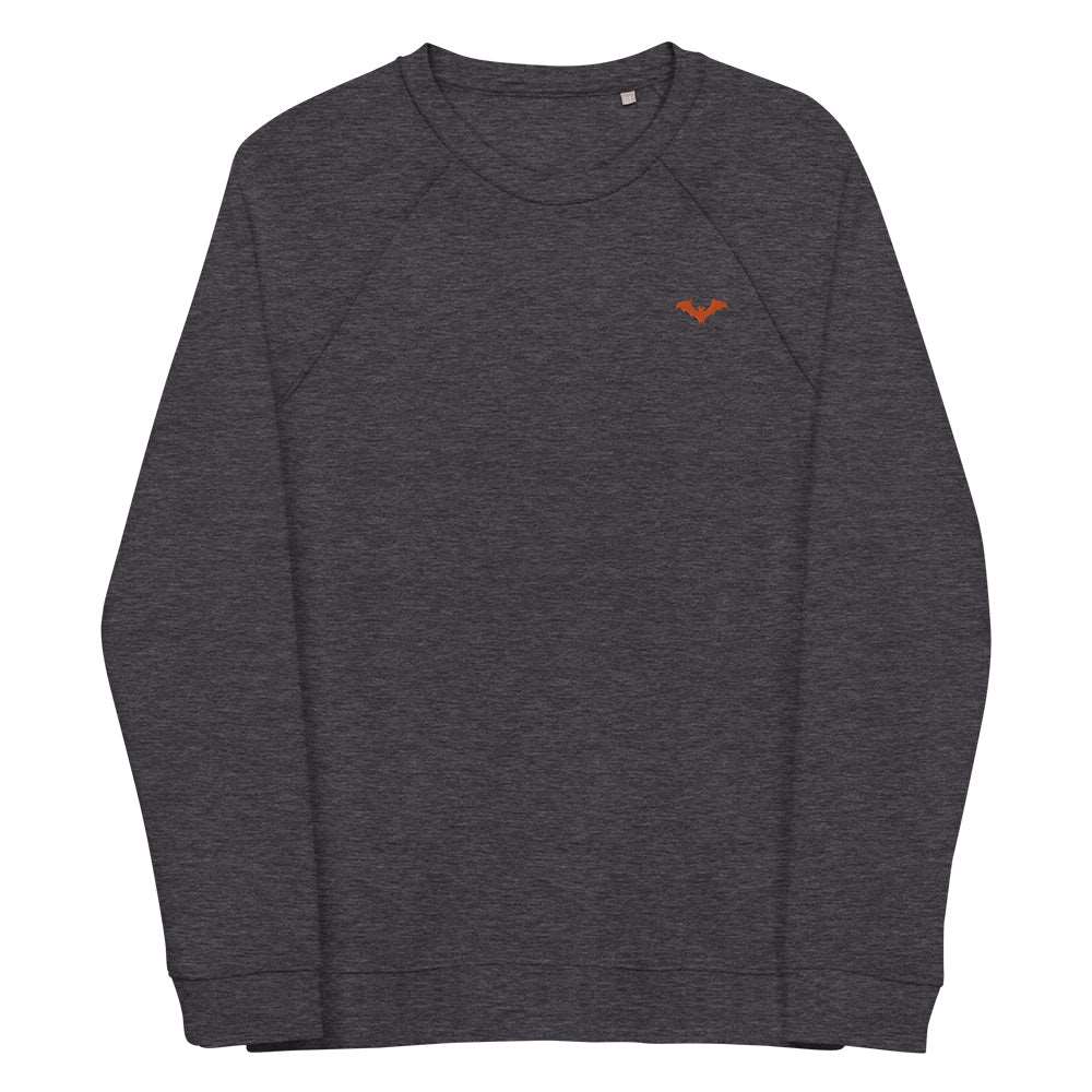 A charcoal grey spooky Halloween sweatshirt with a small orange bat embroidered on the top left.