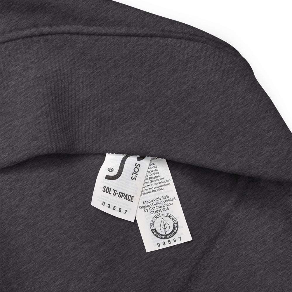 Detail of the tags of a charcoal grey sweatshirt showing the company and product name, SOL'S Space, and that it is made with 80% organic cotton certified by Control Union CU815208.