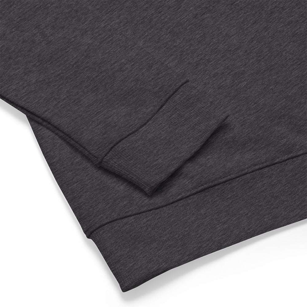 The details of the cuffs of a charcoal grey sweatshirt.