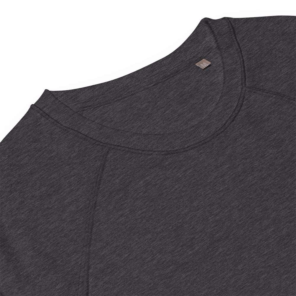 The neckline of a charcoal grey sweatshirt.