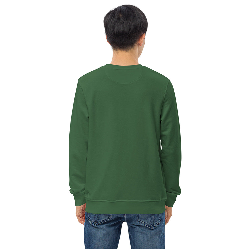 The back of a man wearing a festive green Christmas sweatshirt made of organic cotton and recycled polyester.