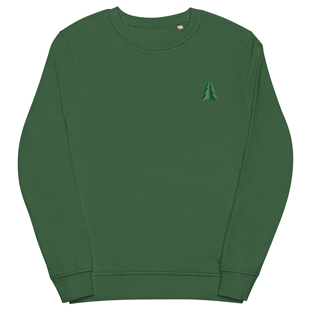 A festive green Christmas sweatshirt made of organic cotton and recycled polyester with a small minimalist two-tone pine tree embroidered on the top left.