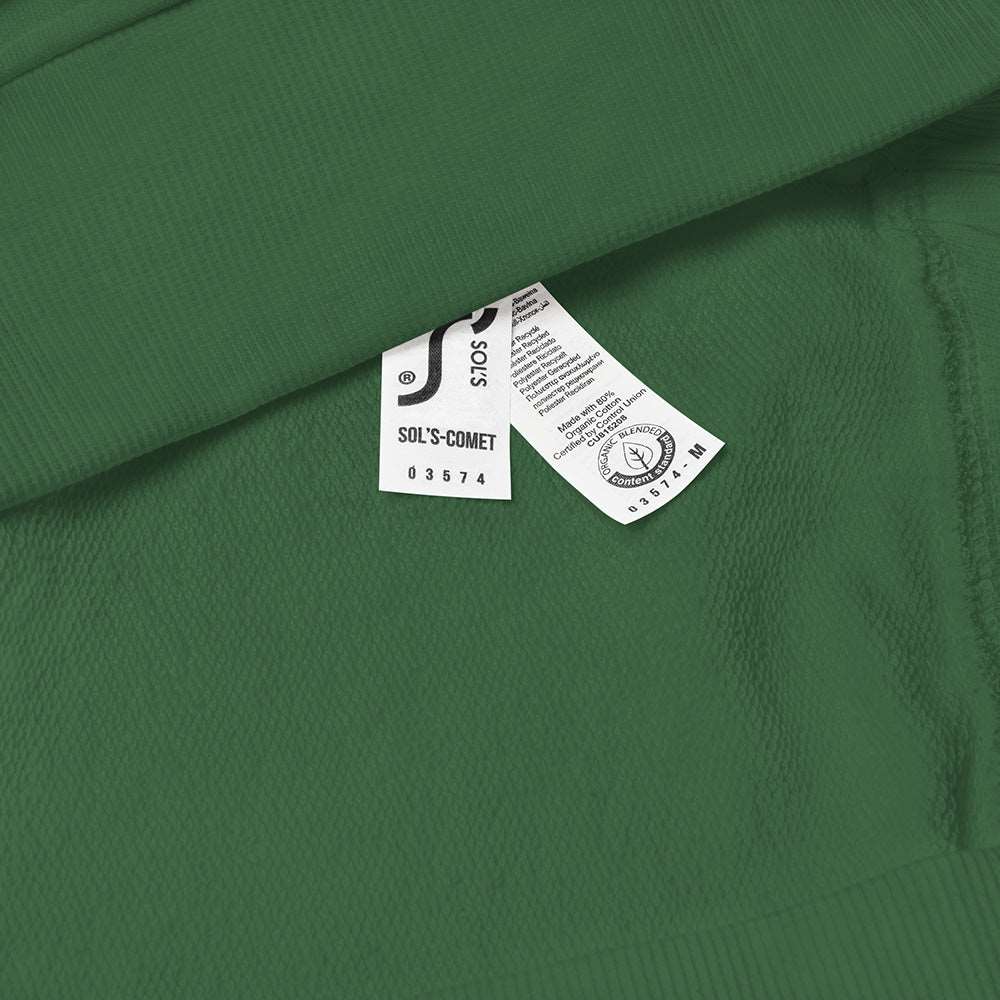 Detail of the tags on a green sweatshirt showing the company and product name, SOL'S Comet, and that it's made with 80% organic cotton certified by Control Union CU815208.