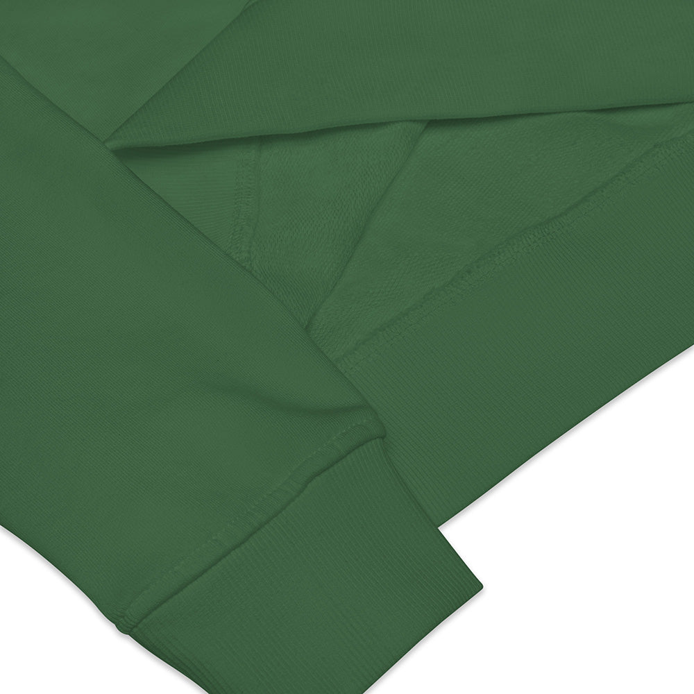 Detail showing the cuffs and inside of a green sweatshirt made of organic cotton and recycled polyester. The inside is not fluffy.